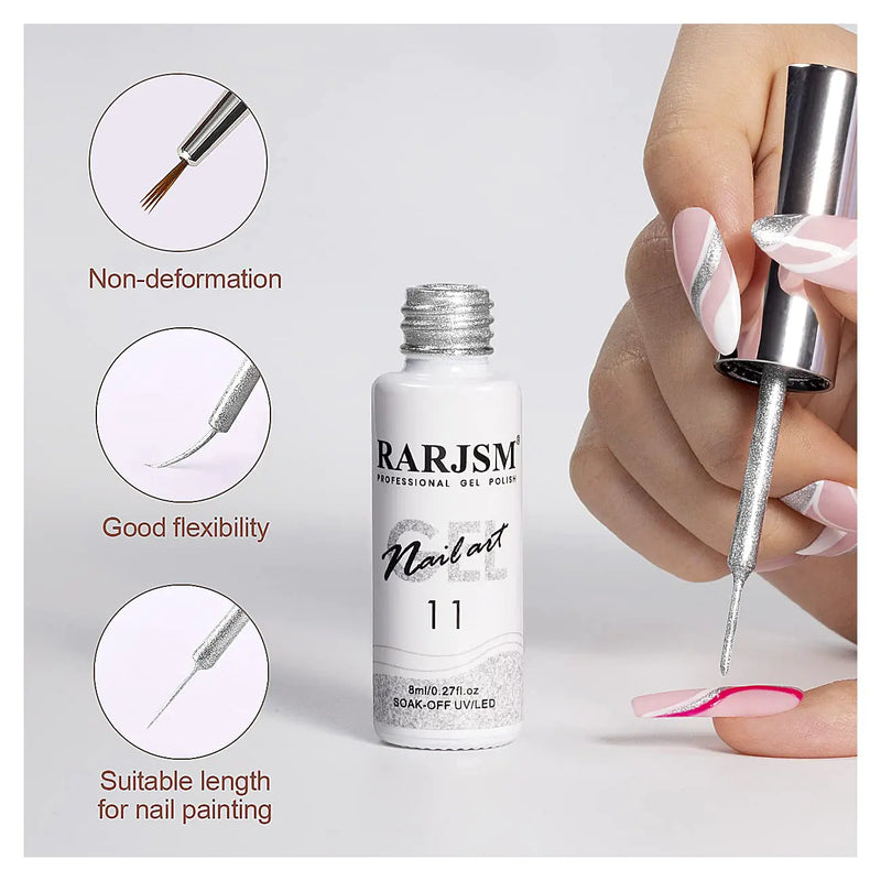 RARJSM Gel Liner Nail Art Silver Gold Glitter Nail Design Polish Painted Gel Nail Polish Set 2Pcs Soak off Curing Requires 8ml Build in Thin Brush for Home Salon Diy Nail Decoration Dotting Painting