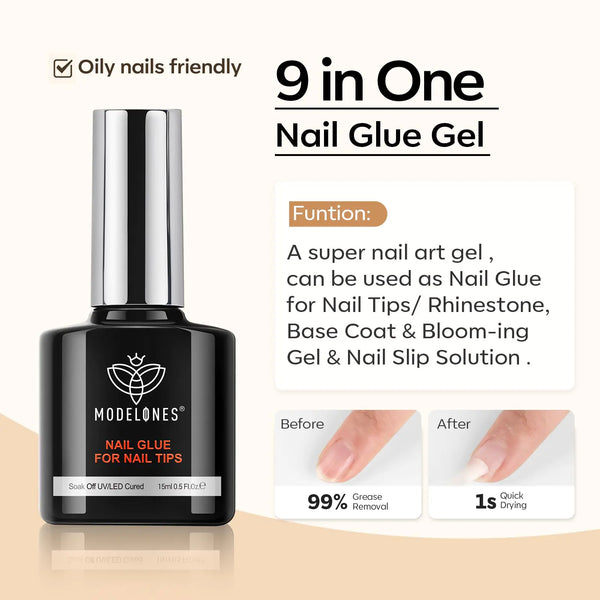 modelones 9 in One Nail Glue with Gel Glossy Top Coat 3Pcs