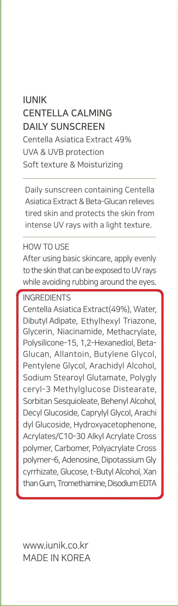 IUNIK Centella Calming Moisture Daily Sunscreen SPF 50+ PA++++ Matte & No White Cast Centella Asiatica Dry Oily Sensitive Vegan Korean Skincare