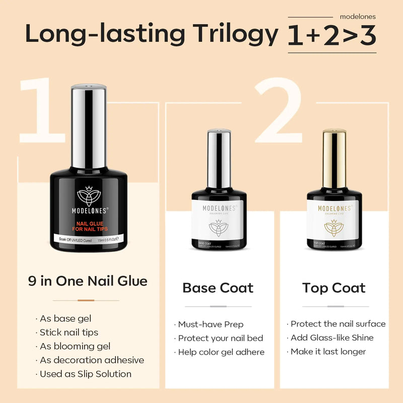 modelones 9 in One Nail Glue with Gel Glossy Top Coat 3Pcs